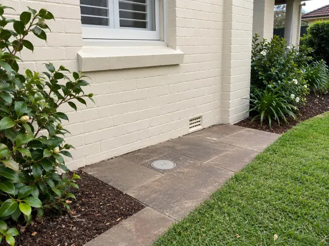 Capped inspection opening set flush in paved courtyard beside a brick house in Killara